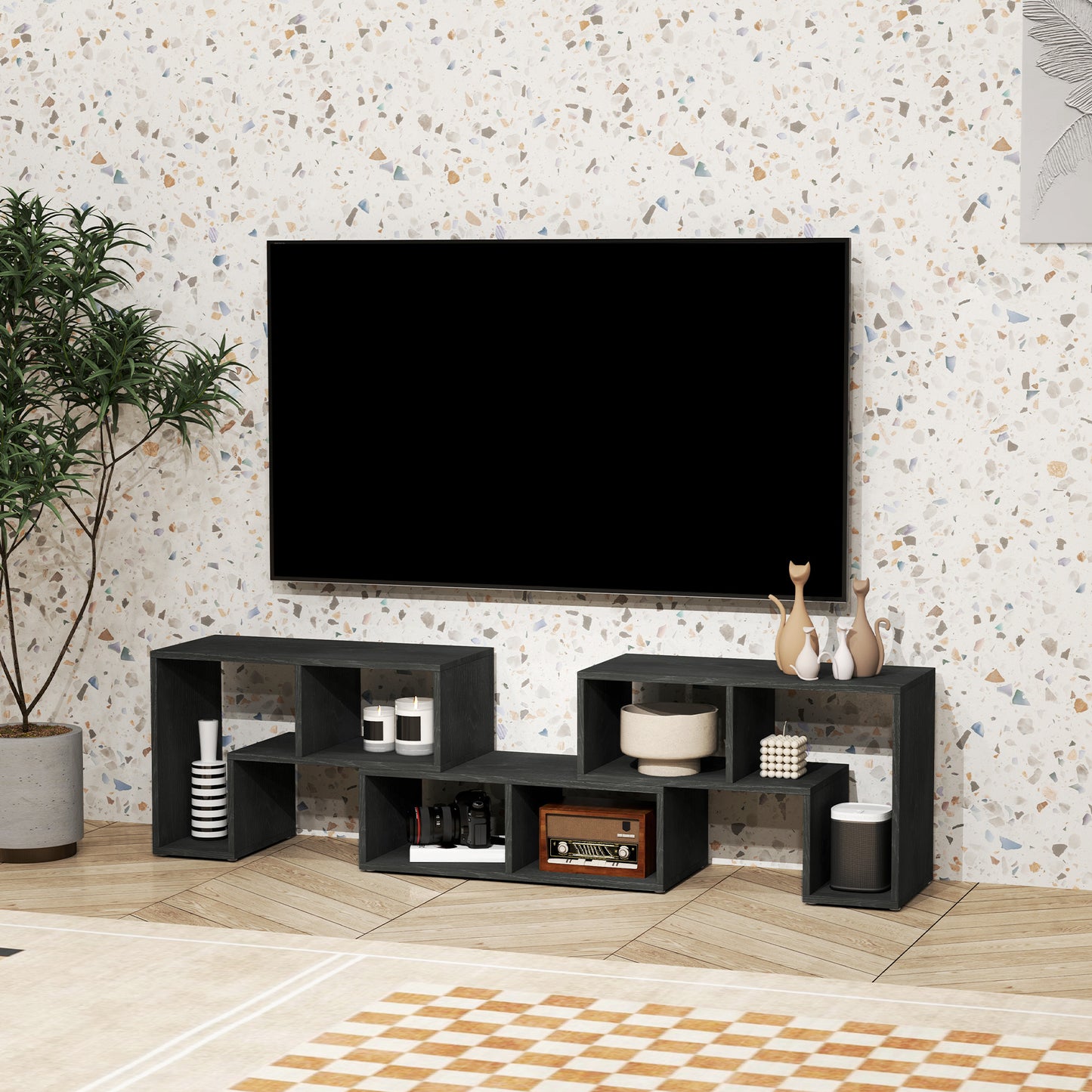 HOMCOM TV Stand for TVs up to 75", Storage Shelves, Extendable Unit, Black Wood Grain