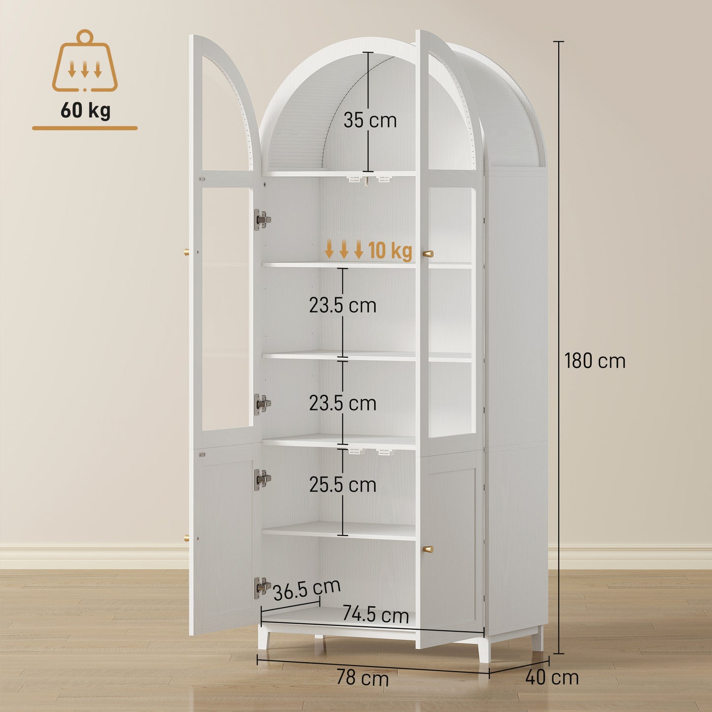 HOMCOM 180cm Tall Kitchen Cupboard, Storage Cabinet with Adjustable Shelves, Acrylic Doors for Living Room, Dining Room, White