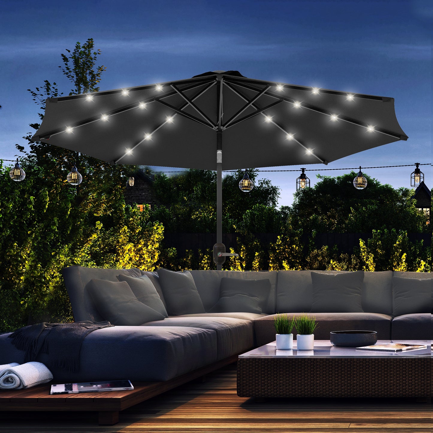 Outsunny 2.7m Outdoor Patio Garden Umbrella Parasol with Tilt Crank and 24 LEDs Lights Black