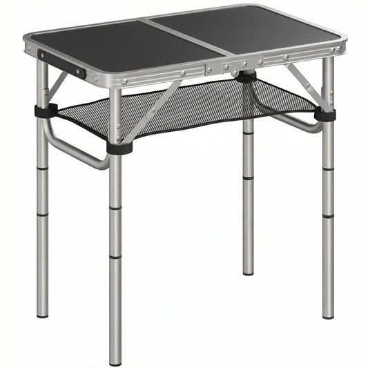 Outsunny 2ft Folding Camping Table, Picnic Table with Mesh Storage Layer, 4 Adjustable Heights and Carrying Handle