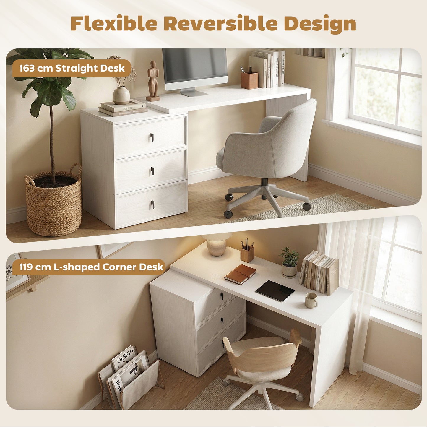 HOMCOM L Shaped Computer Desk with 3 Drawers, 163 x 39 cm Corner Desk, Thick Tabletop, Office Table, White Wood Effect