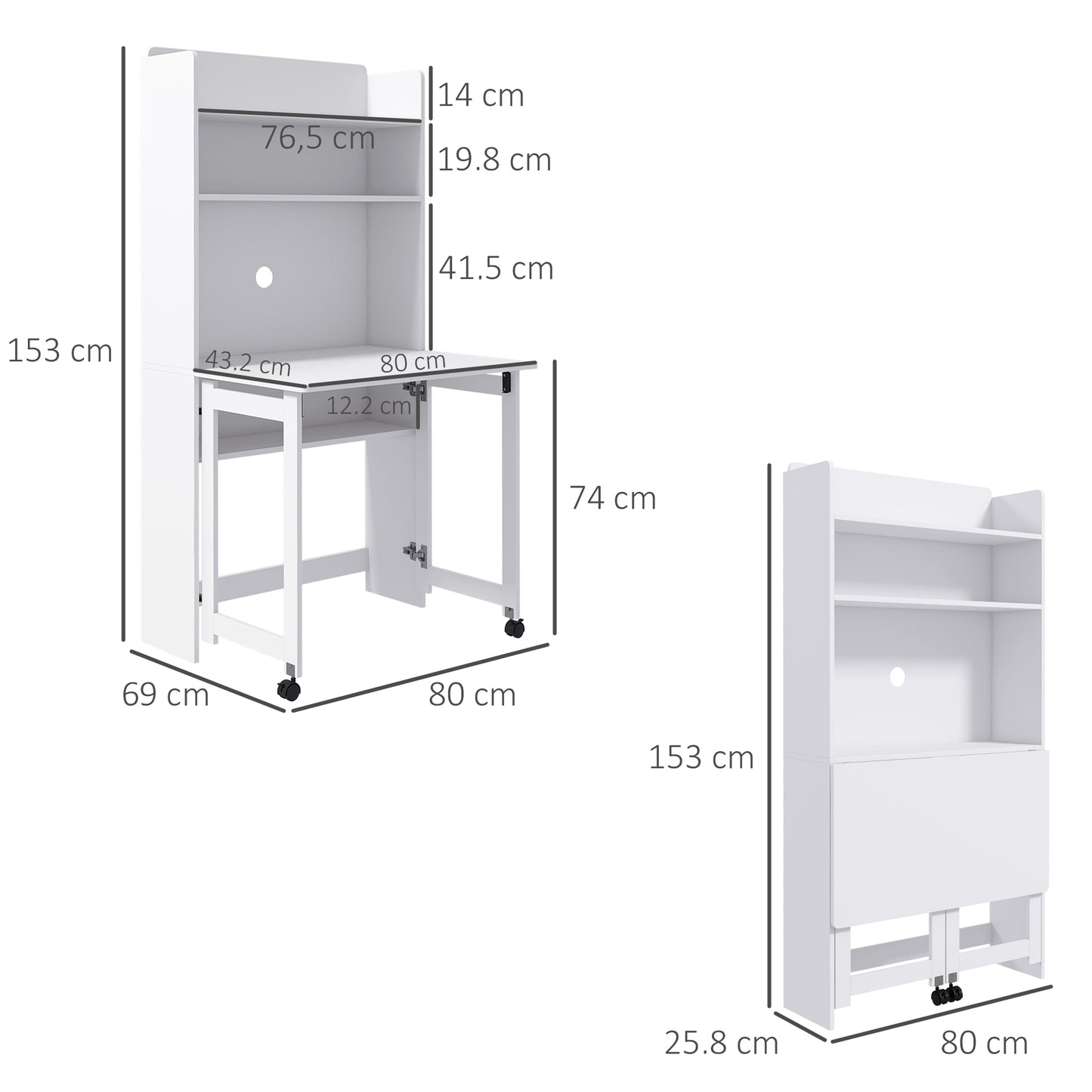 HOMCOM Computer desk with storage shelves, foldable top, 2 casters for bedroom & living room 80 x 69 x 155 cm white