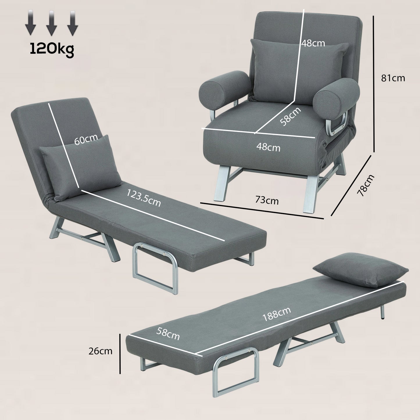 HOMCOM Single Sofa Bed, 3-in-1 Convertible Folding Chair Bed with Adjustable Backrest, Removable Armrests, Dark Grey