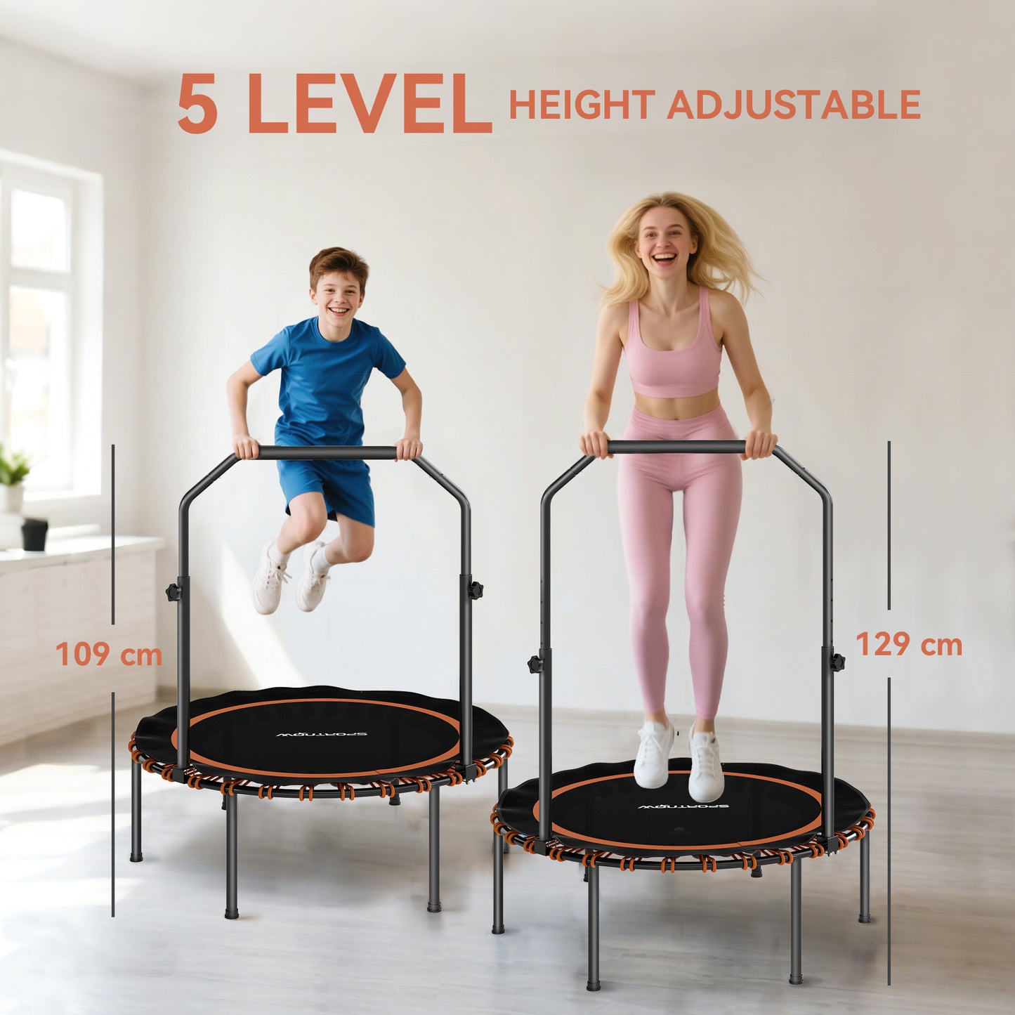 SPORTNOW 40'' Foldable Fitness Trampoline, Mini Bungee Rebounder with 5-Level Adjustable Handle for Adults, Indoor/Outdoor Exercise, Orange