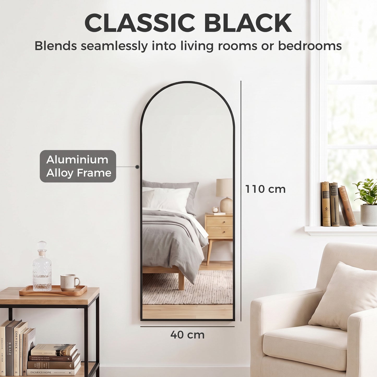 HOMCOM 40 x 110 cm Full Length Hanging Mirror, Arched Mirror with Adjustable Hooks, Over-the-Door or Wall-Mounted, Black