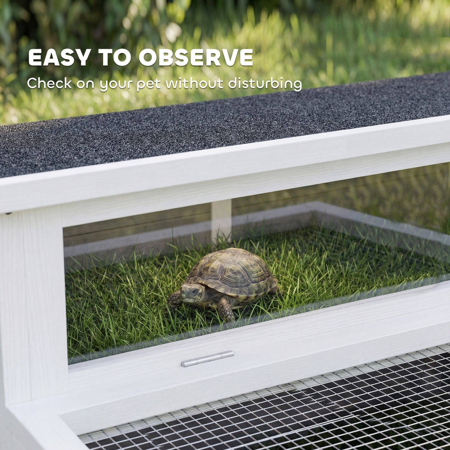 PawHut Wooden Tortoise House, Tortoise Enclosure with Clear Observation Window, Top Opening, Multiple Doors, Galvanised Mesh
