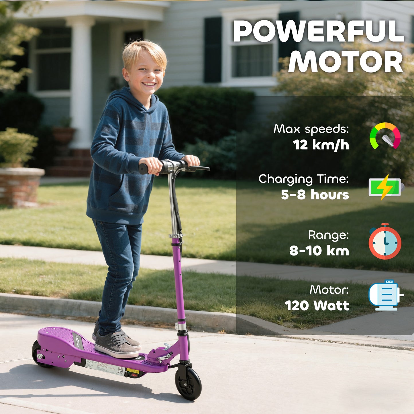 HOMCOM Foldable Electric Kids Scooter, Ride-on for Ages 7-14 Years, Purple