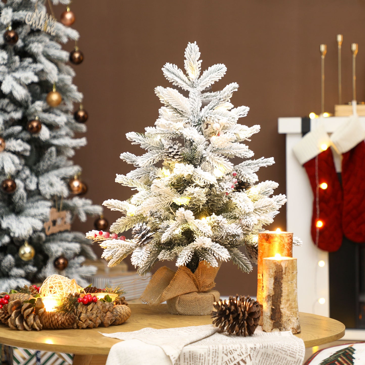 HOMCOM 60cm Prelit Christmas Tree w/ 35 LED Lights, Snow Flocked, Pine Cones, Berries, Linen Base, Battery Operated, Green