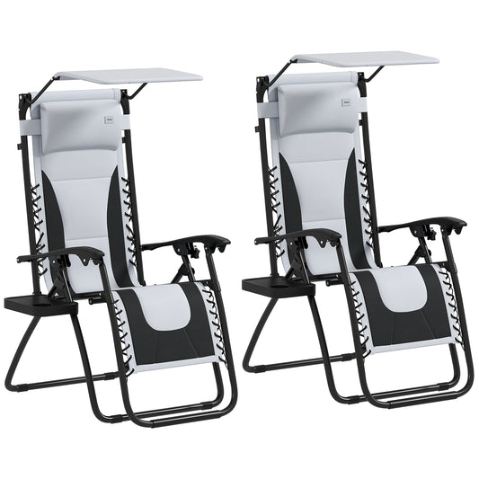 Outsunny Set of 2 Zero Gravity Lounger Chairs, Folding Recliners with Shade, Cup Holder, Cushion, Light Grey