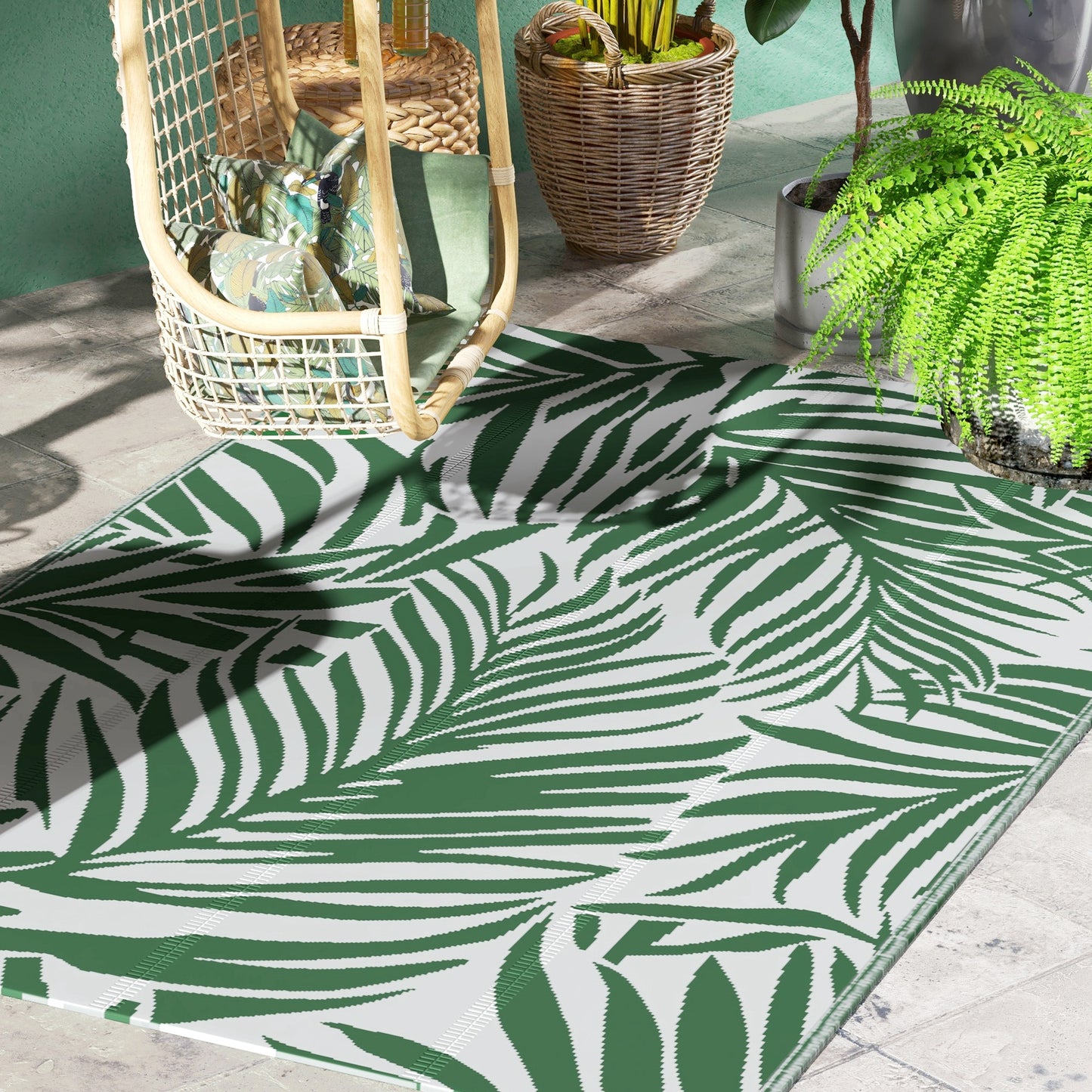 Outsunny Reversible Outdoor RV Rug, 1.5 x 2.4m Waterproof Patio Mat, Green Leaves for Garden, Beach, Camping