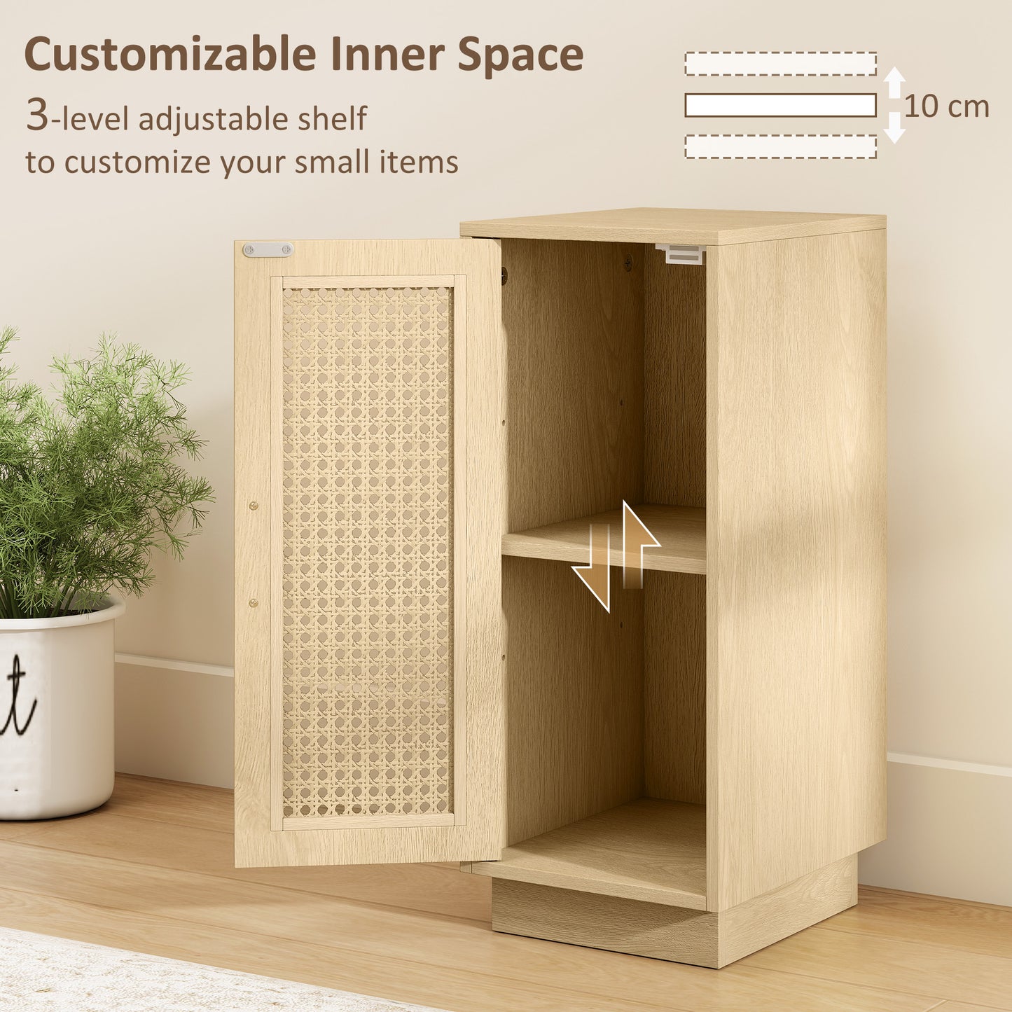 HOMCOM Set of 2 Bedside Tables with Rattan-Decor Doors, Boho Slim Nightstands with Adjustable Shelf, Natural Wood Finish