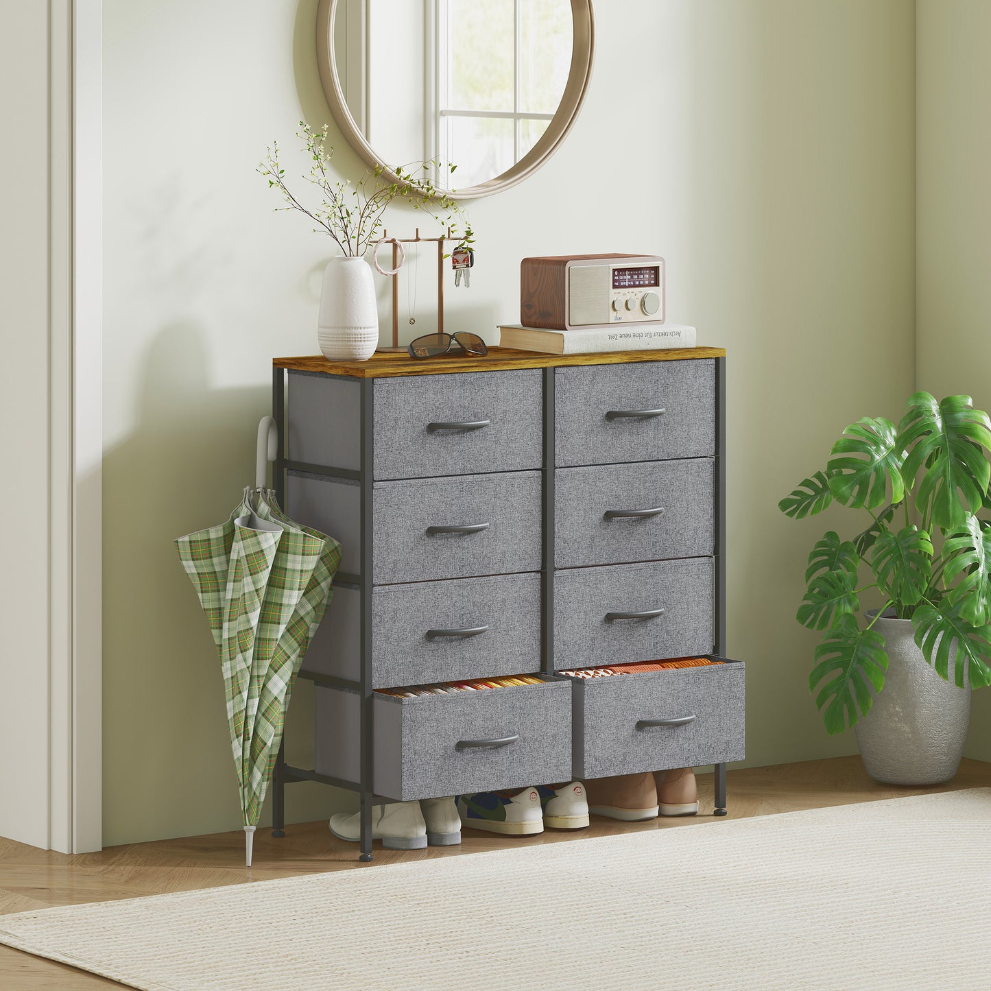 HOMCOM Chest of Drawers, Industrial Dresser with 8 Fabric Drawers, Steel Frame, Wooden Top for Bedroom, Nursery, Hallway, Rustic Brown and Grey