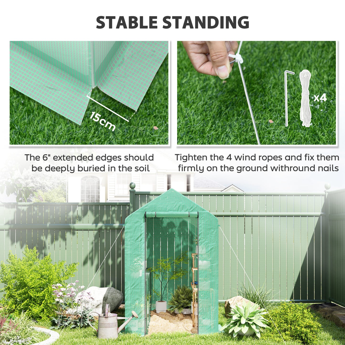 Outsunny Walk-in Greenhouse, 2 Tier 4 Shelves, Reinforced PE Cover, Roll-up Door, 120x186x190 cm, Green