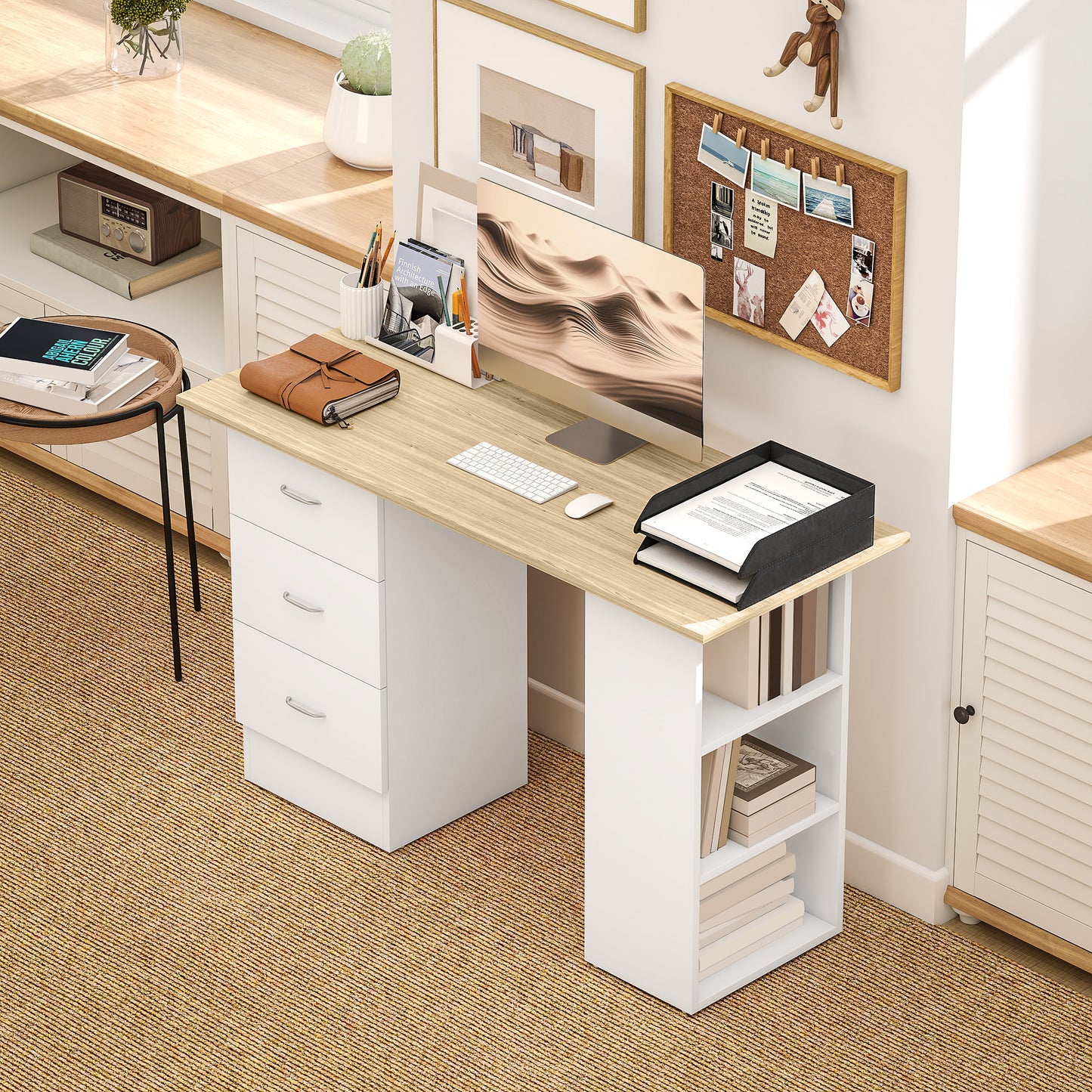 HOMCOM Computer Desk, Writing Table with 3 Shelves & Drawers, Silver Handle, for Home Office, Natural Wood & White Finish