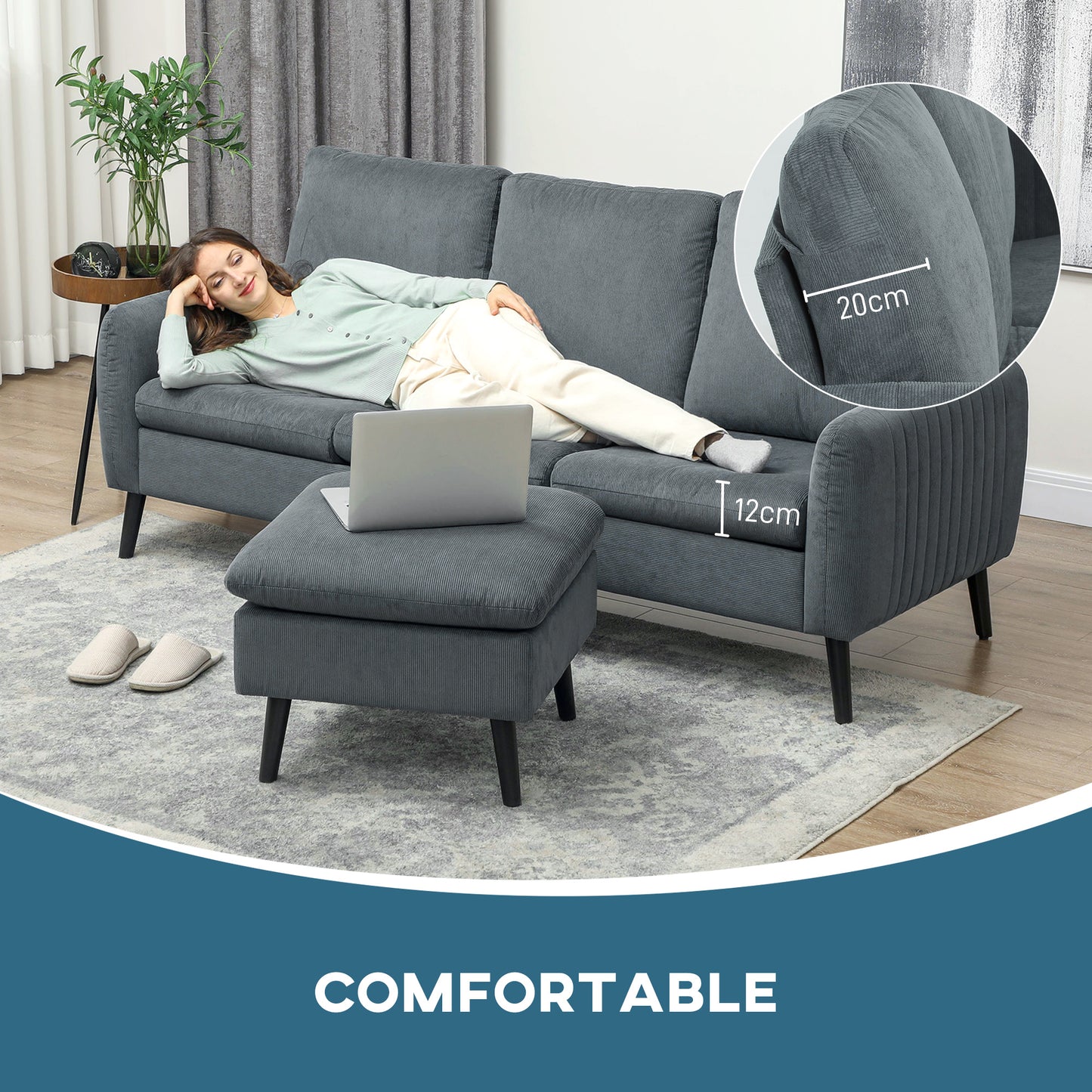 HOMCOM Corner Sofa with Reversible Chaise Lounge, Corduroy Fabric, 3-Seater, L-Shaped, Charcoal Grey