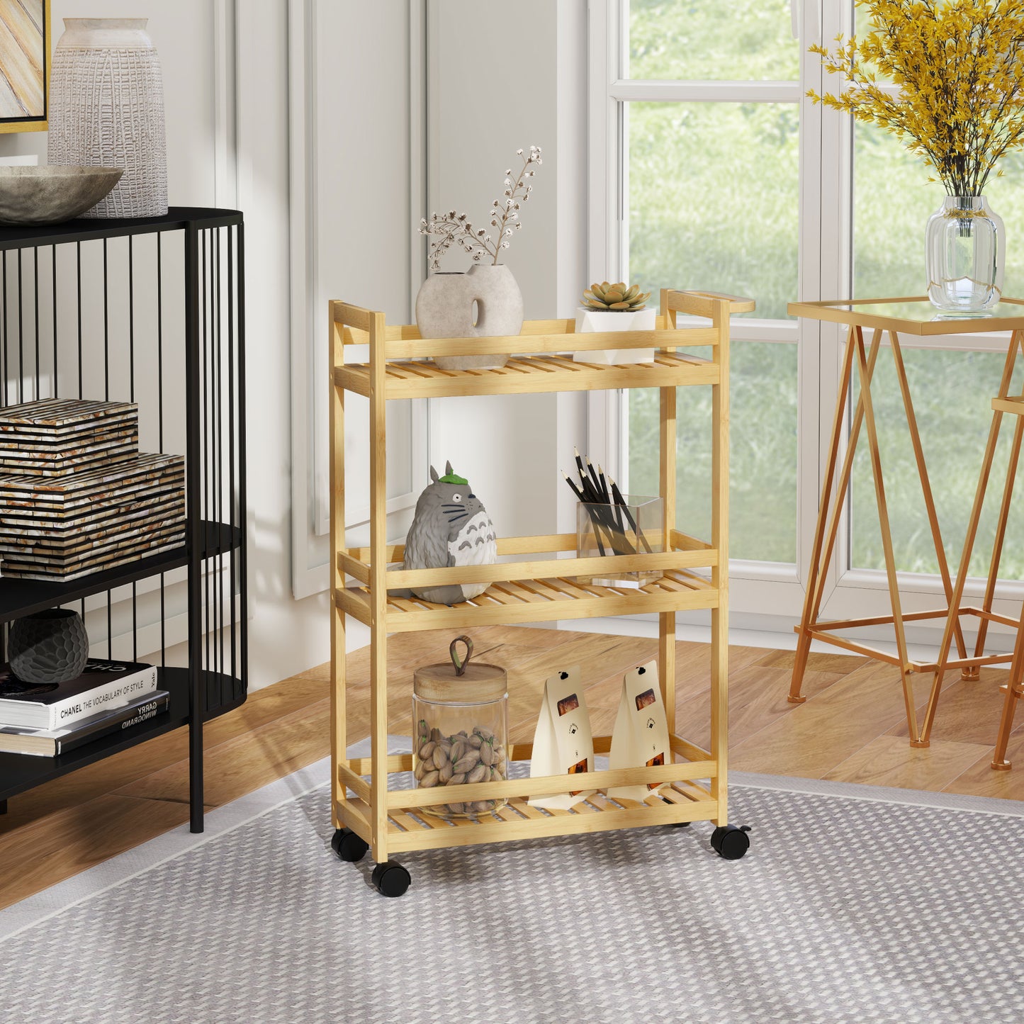 HOMCOM 3-Tier Bamboo Storage Trolley on Wheels with Handle for Kitchen, Office, Bathroom