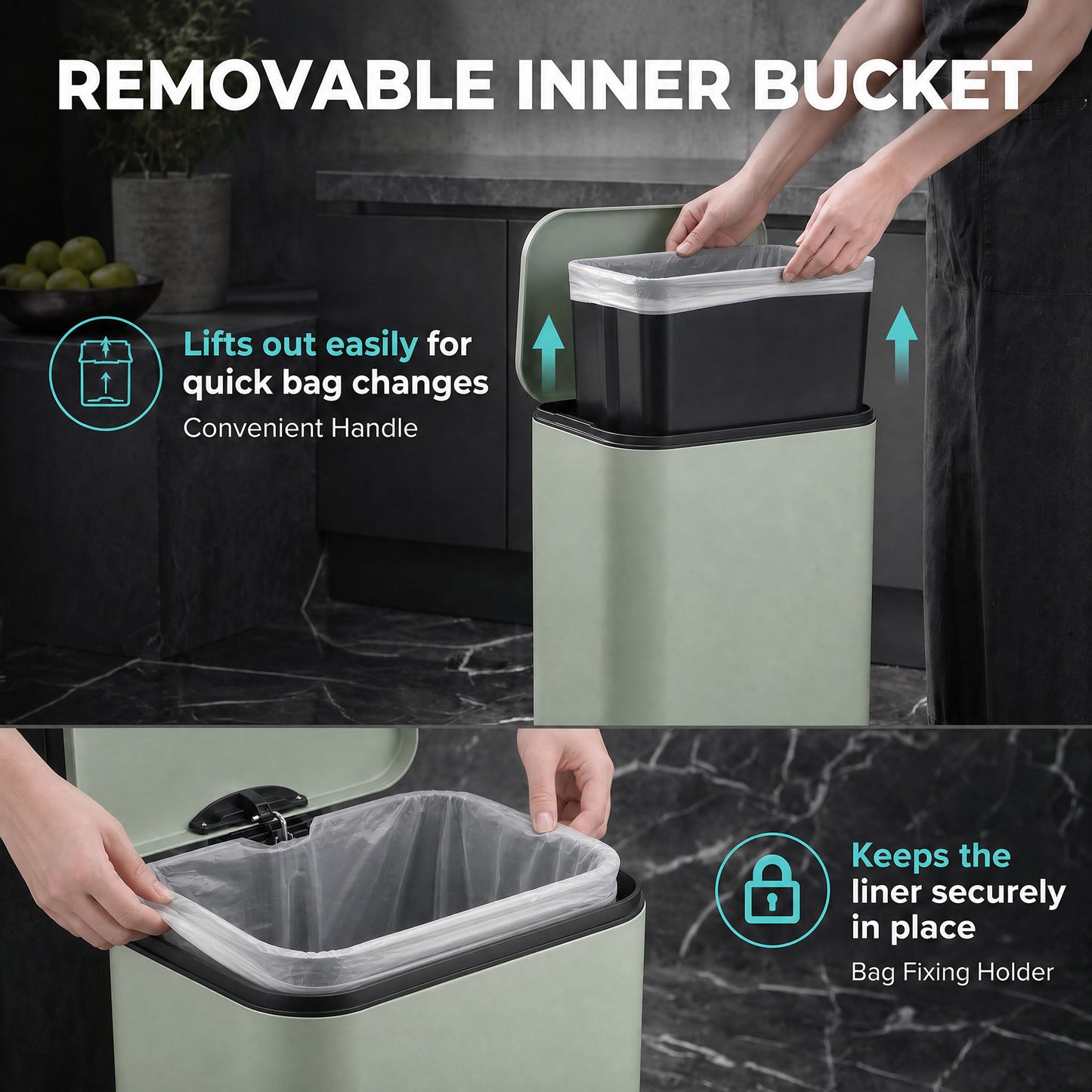 HOMCOM 20 L Kitchen Pedal Bin, Metal Rubbish Bin with Removable Inner Bucket, Soft-Close & Stay-Open Lid, Light Green