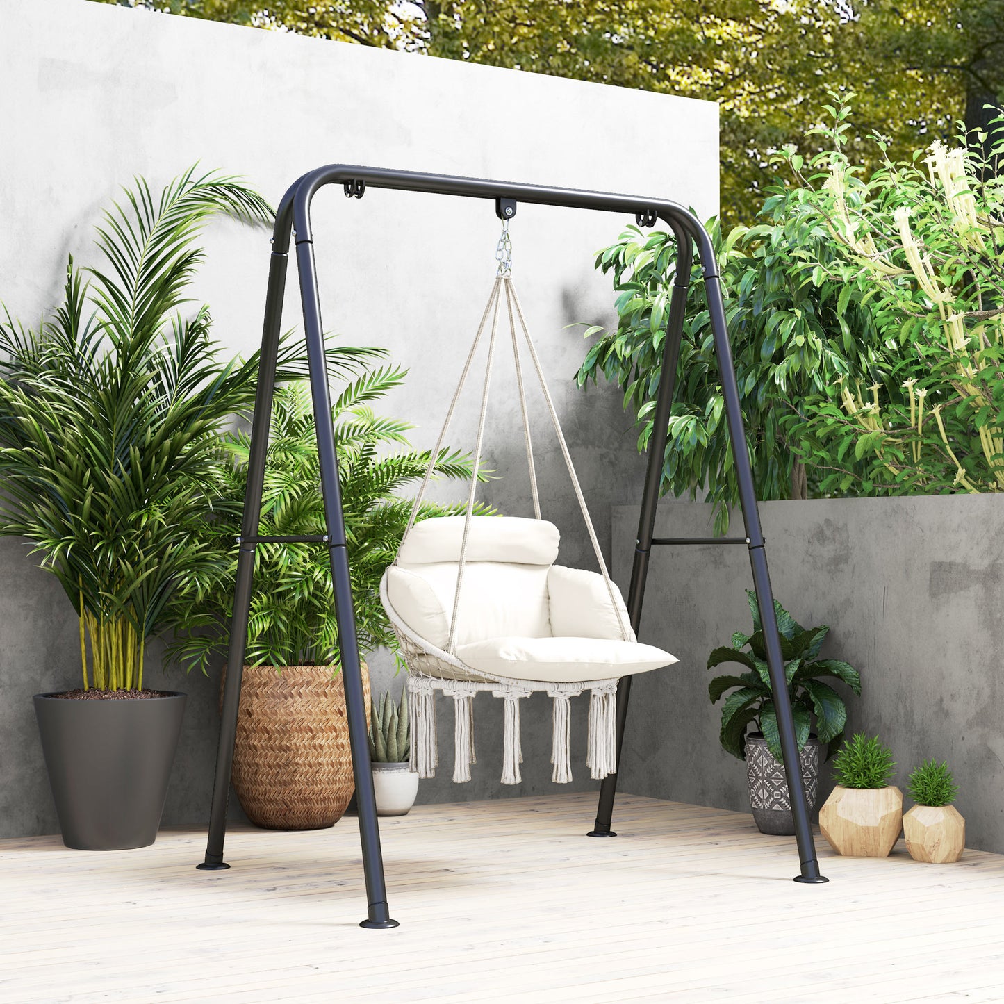 Outsunny Hanging Chair Outdoor Hammock with Cushion, Cotton Rope Boho Style Swing Seat for Indoor/Outdoor, Cream White