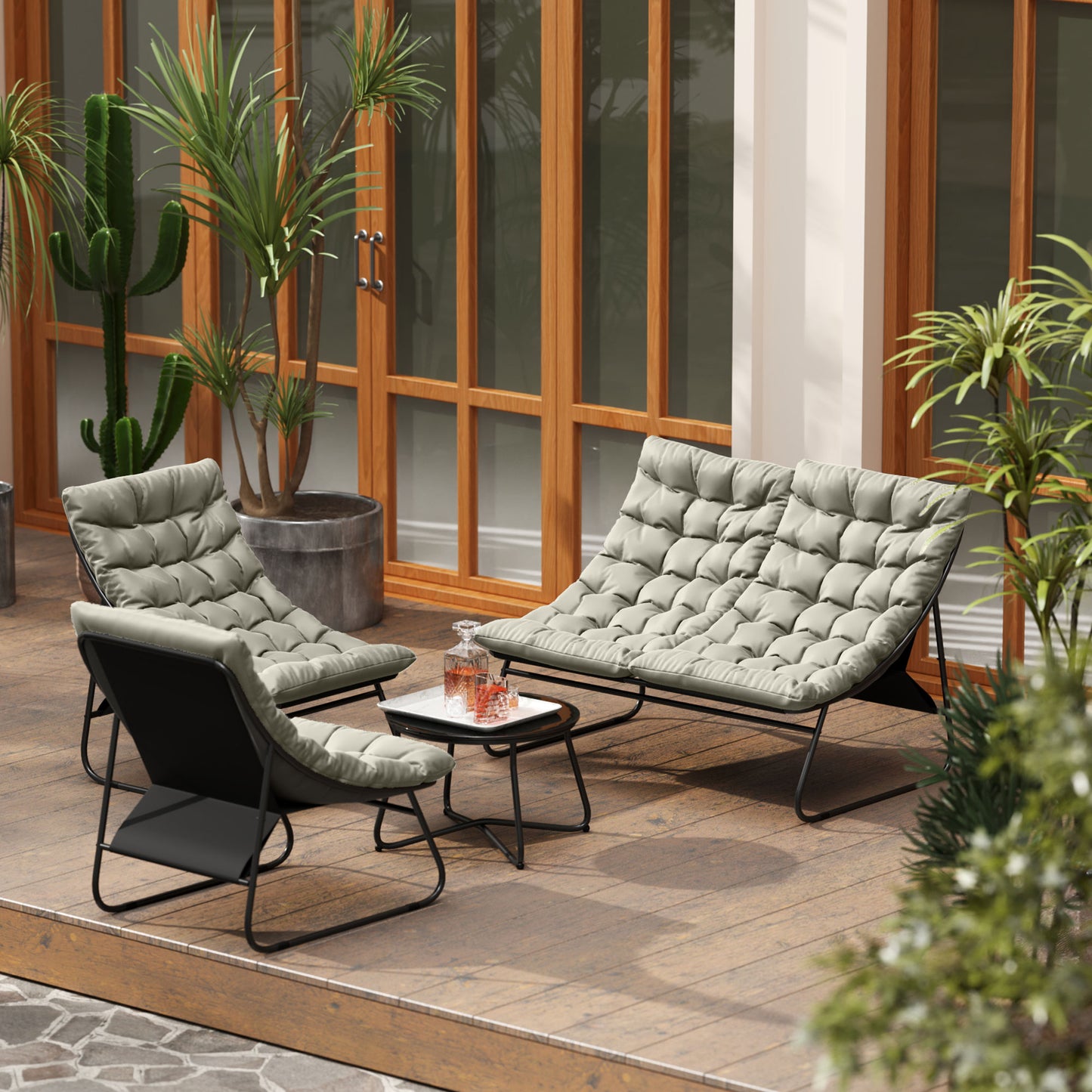 Outsunny 4 Seater Garden Furniture Set with Sofa, Chairs, Glass Table, Thick Cushions, Steel for Balcony or Poolside, Light Grey