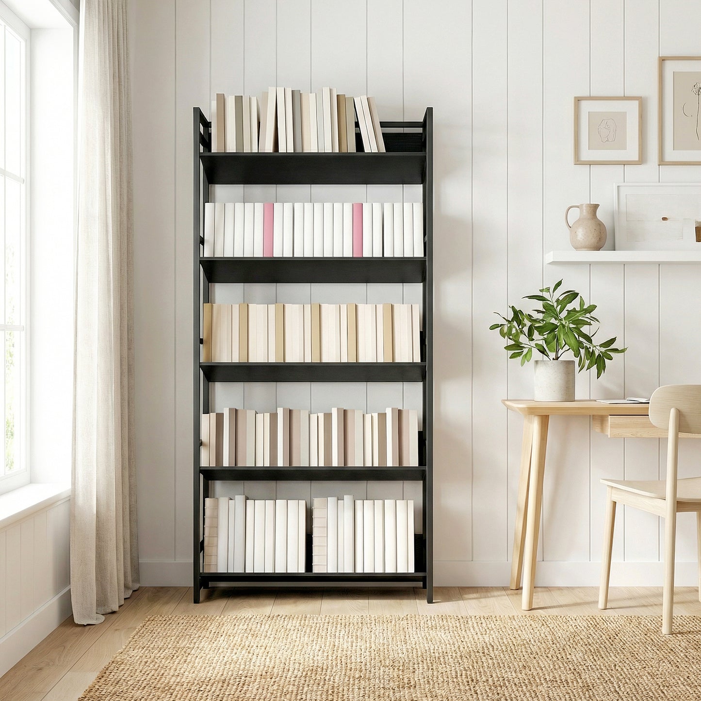 HOMCOM Bookshelf 5-Tier Metal Frame Bookcase Storage Shelves for Living Room Black