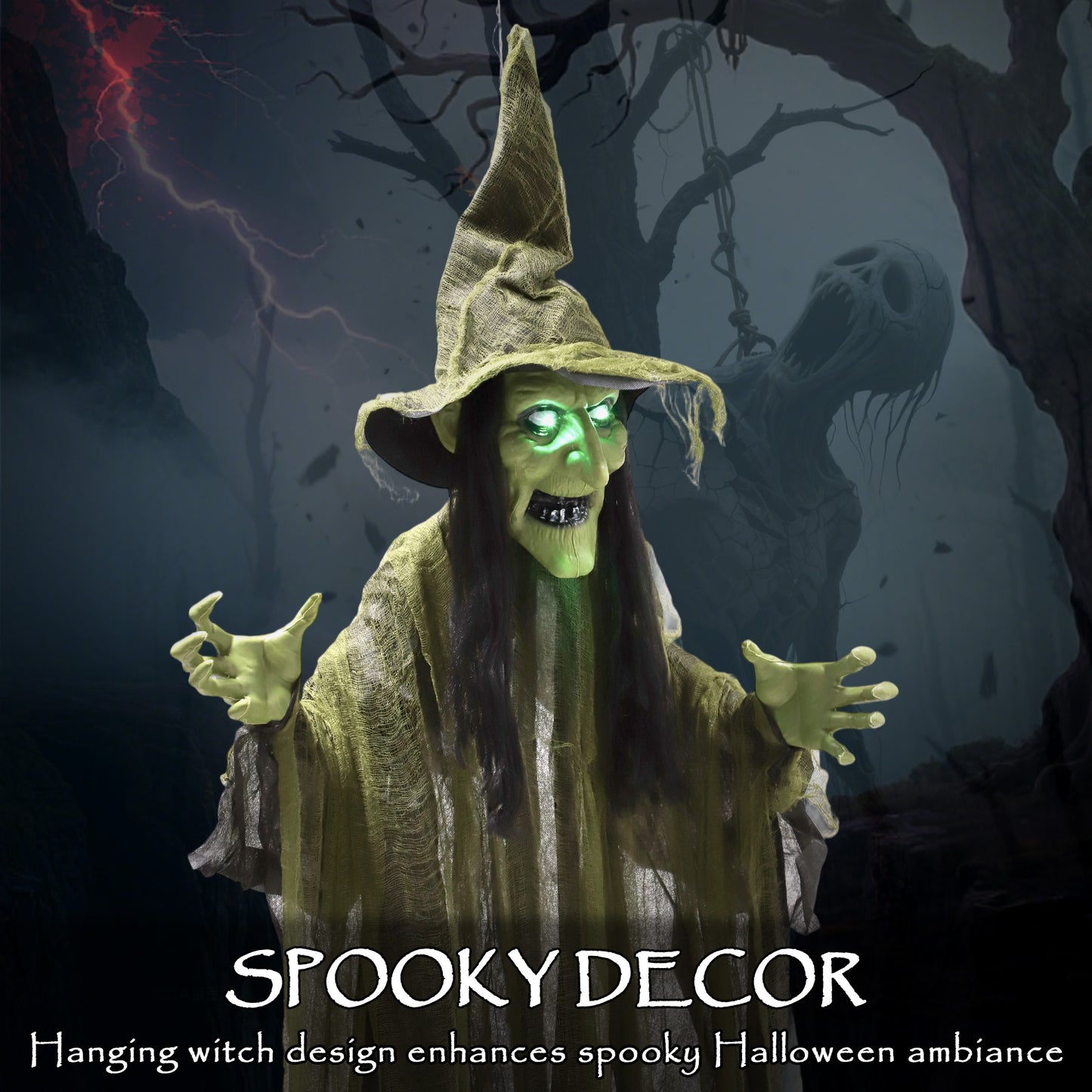 Outsunny Life Size Hanging Halloween Animated Witch with LED Eyes, Spooky Battery Operated Decorations, Indoor Props, 170 cm, Black