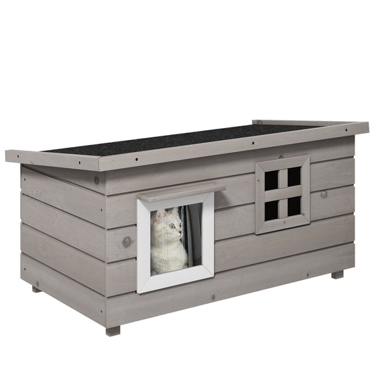 PawHut Wooden Cat House Outdoor, Elevated Cat Shelter Kennel, Pet Play House with Openable Top, Asphalt Roof, Window, Grey