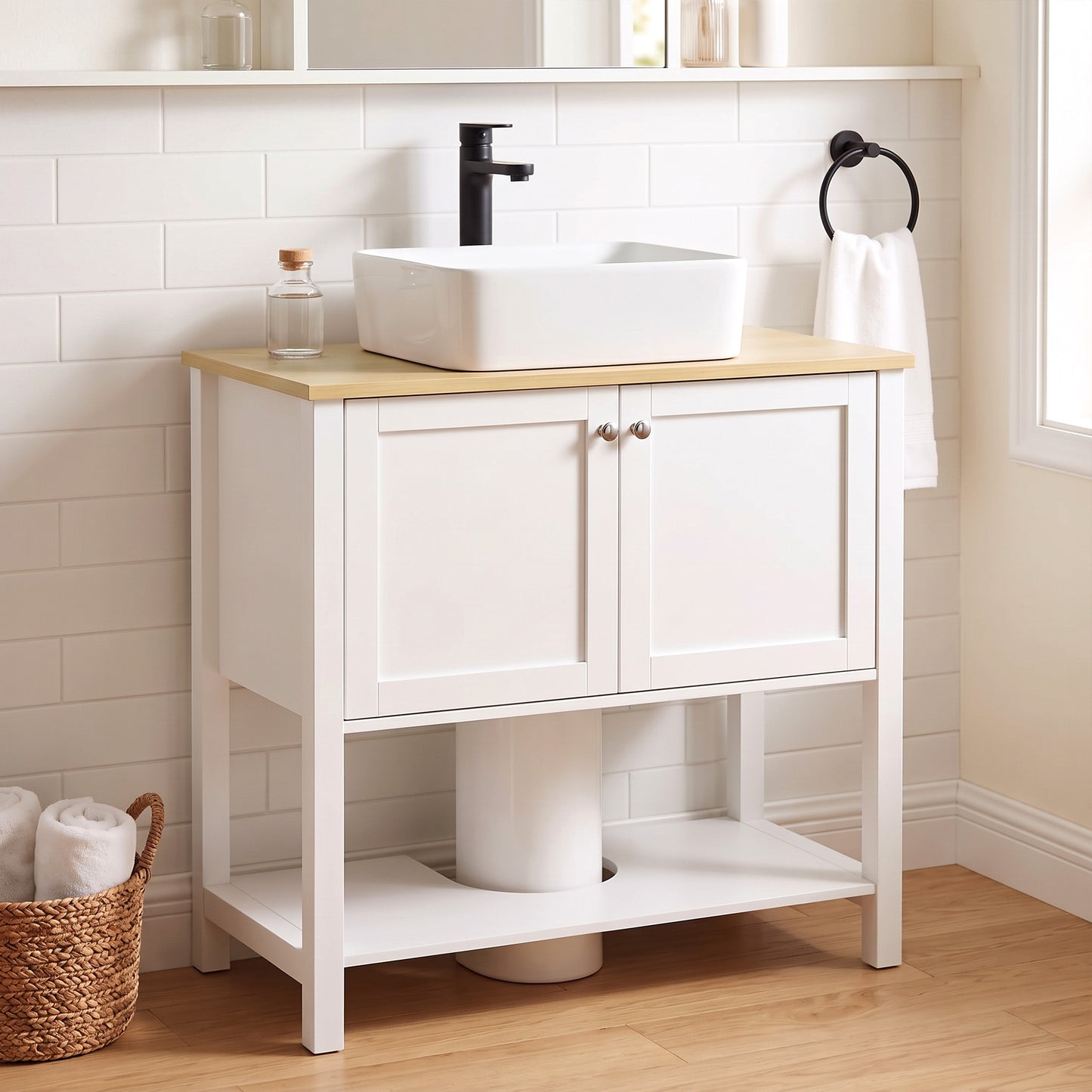 HOMCOM Under Sink Bathroom Cabinet with 2 Doors, Open Shelf and U-Shape Cut-Out for Basin with or without Pedestal, White
