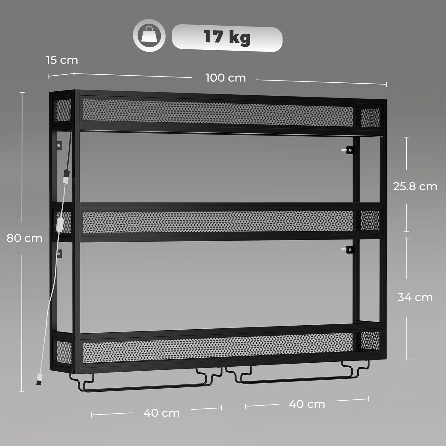 HOMCOM Wall-Mounted Wine Rack with LED Lights, Glass Holders, Open Shelf, Metal Storage Rack, Black