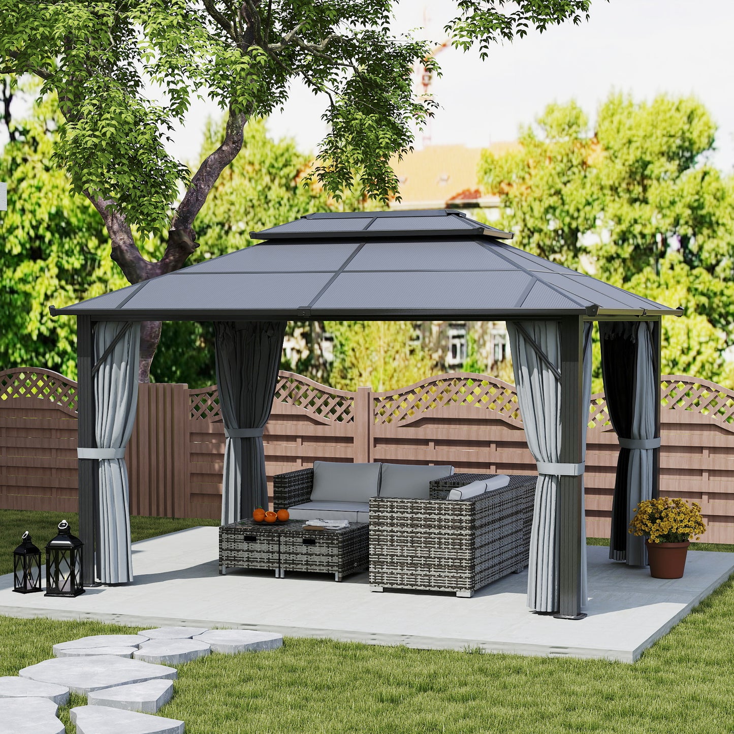 Outsunny 3x4m Hardtop Gazebo, UPF30+ Roof, Aluminium Frame, Mosquito Netting & Curtains, Grey