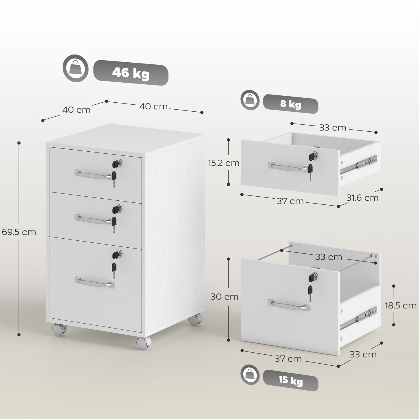 HOMCOM Three Drawer Wood-Effect Filing Cabinet - White