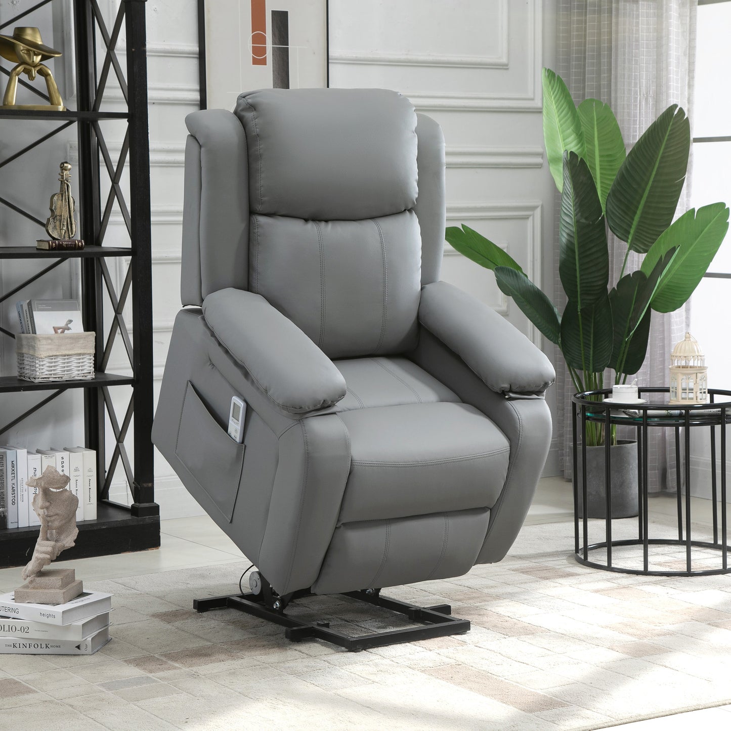 HOMCOM Riser and Recliner Chair with Massage, PU Leather Power Electric Lift Chair for Elderly with High Back, Grey