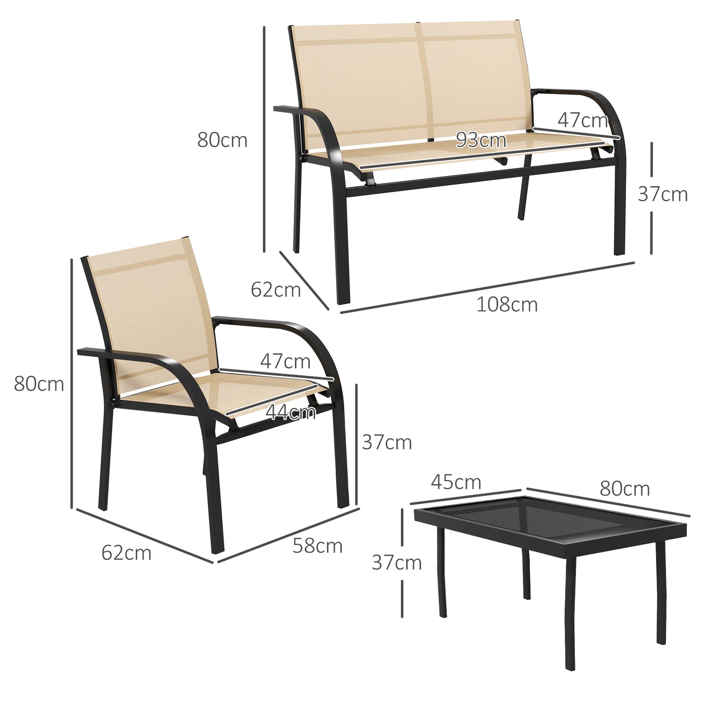 Outsunny 4-Piece Curved Steel Patio Furniture Set - Beige