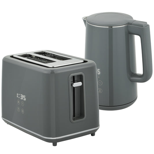 HOMCOM Digital Kettle & Toaster Set, 1.5L 3000W Fast Boil Kettle, 2-Slice Toaster with 7 Browning Levels, LED Display, Crumb Tray, Grey
