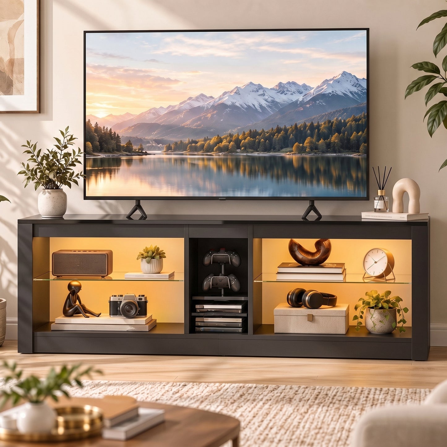 HOMCOM TV Stand Cabinet with LED Lights and Remote Control for TVs up to 65", Entertainment Centre with Storage Shelves, Black
