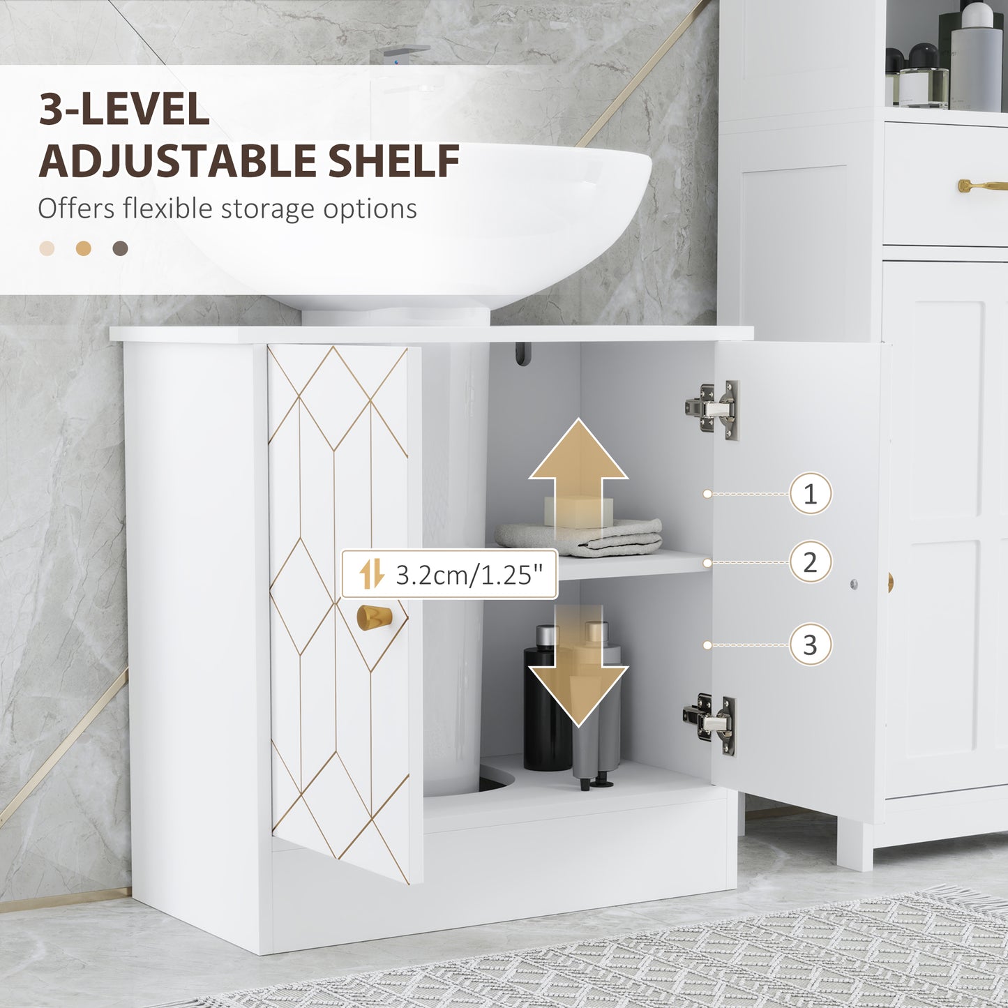 HOMCOM Under Sink Bathroom Cabinet, Adjustable Shelf & Open Compartment, Fits Basin with/without Pedestal, 60x30x60cm, White