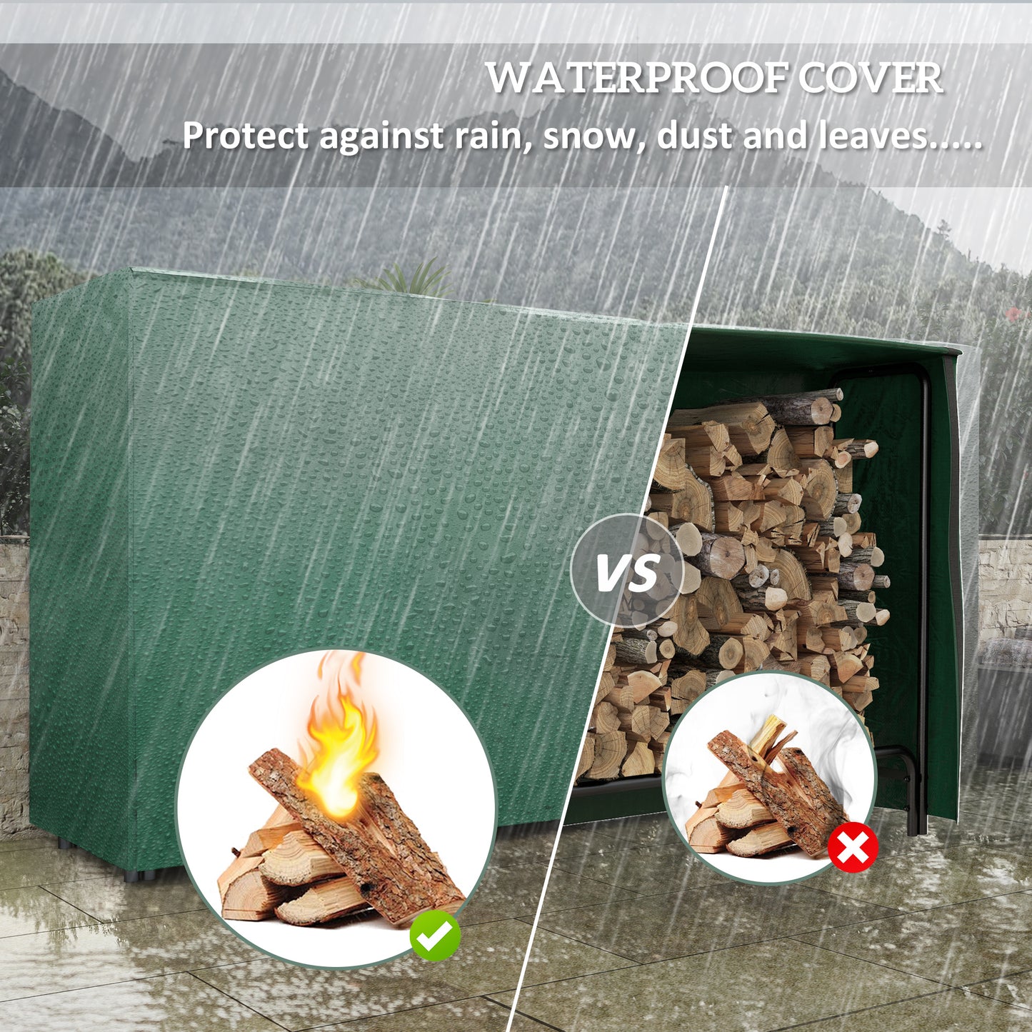 Outsunny Firewood Rack, Heavy Duty Metal Log Holder for Indoor/Outdoor Fireplace, Includes Waterproof Cover, 200 x 36 x 99 cm, Dark Green