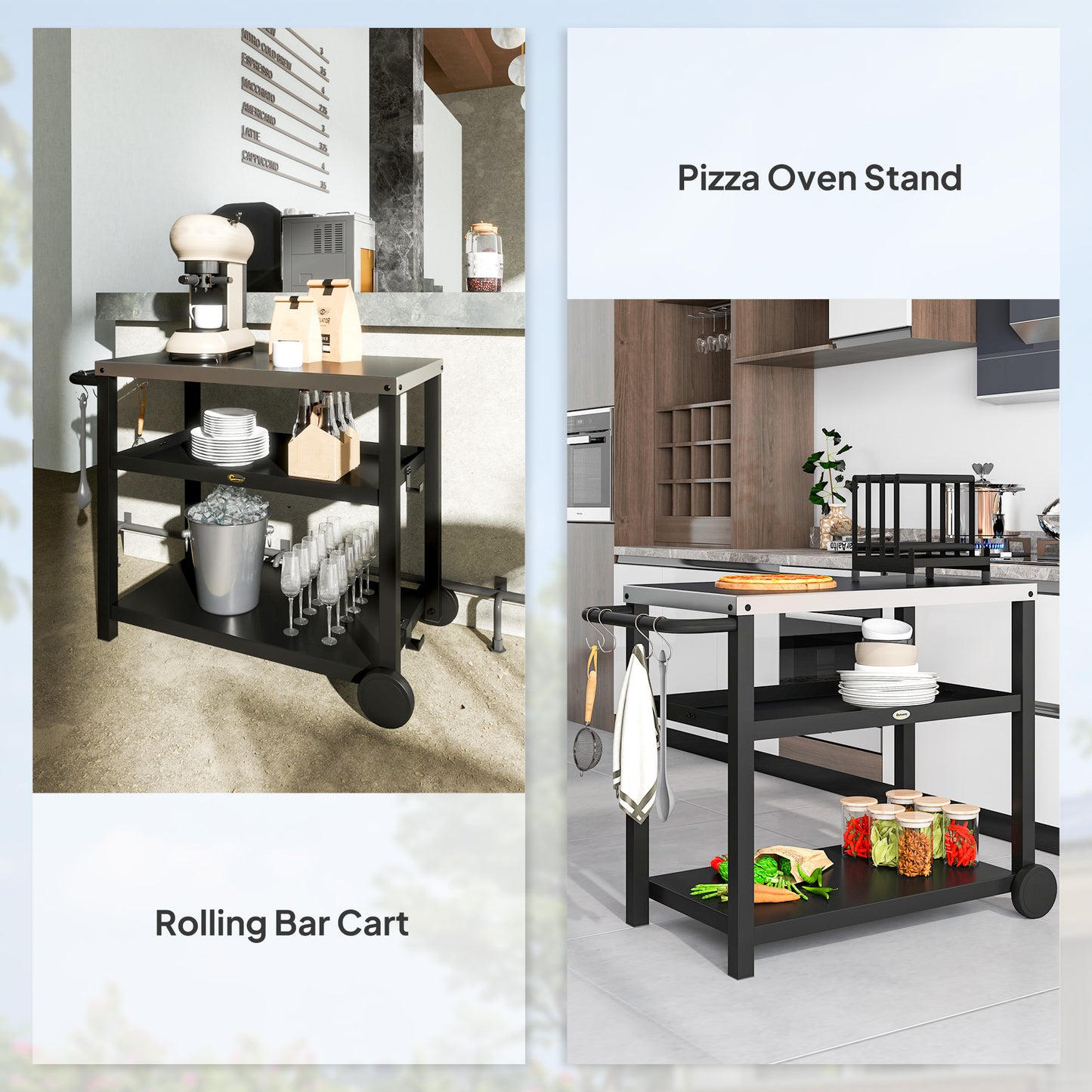 Outsunny Outdoor Grill Dining Cart, 3-Shelf Pizza Oven Table with Stainless Steel Top, Portable BBQ Trolley with Wheels, Charcoal Grey