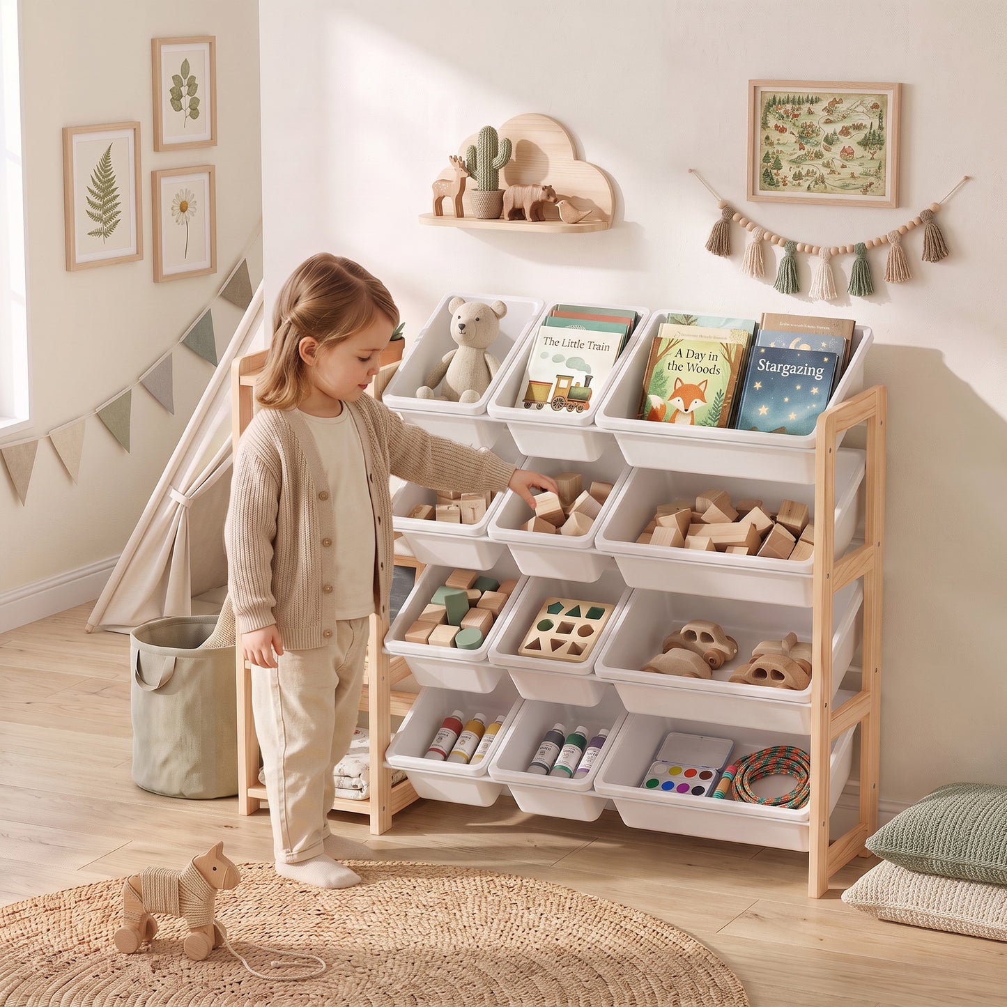AIYAPLAY Toy Storage Organiser with 3 Shelves and 12 Bins, Wooden Toy Organiser for Playroom, Bedroom, Nursery, Natural