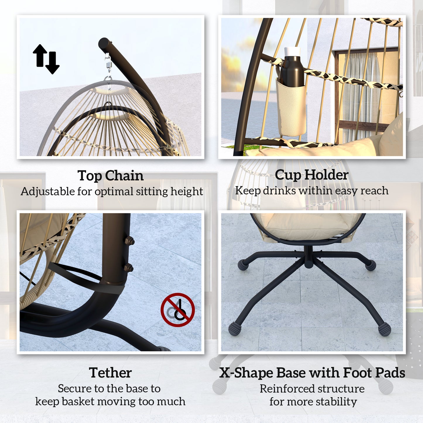 Outsunny Hanging Egg Chair with Stand, Cushion, Headrest & Cup Holder for Garden, Patio, Balcony, Khaki