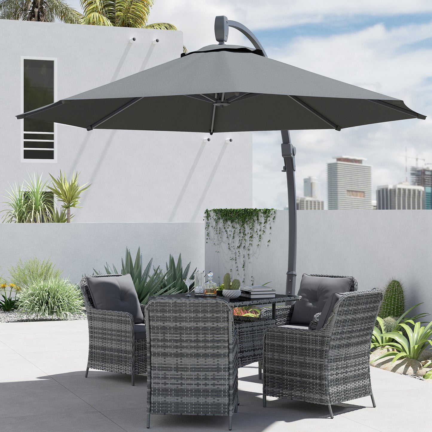 Outsunny Garden Cantilever Parasol, Round Umbrella with Crank, Cross Base, Aluminium Frame, 360° Rotation for Outdoor Sun Shade, Grey