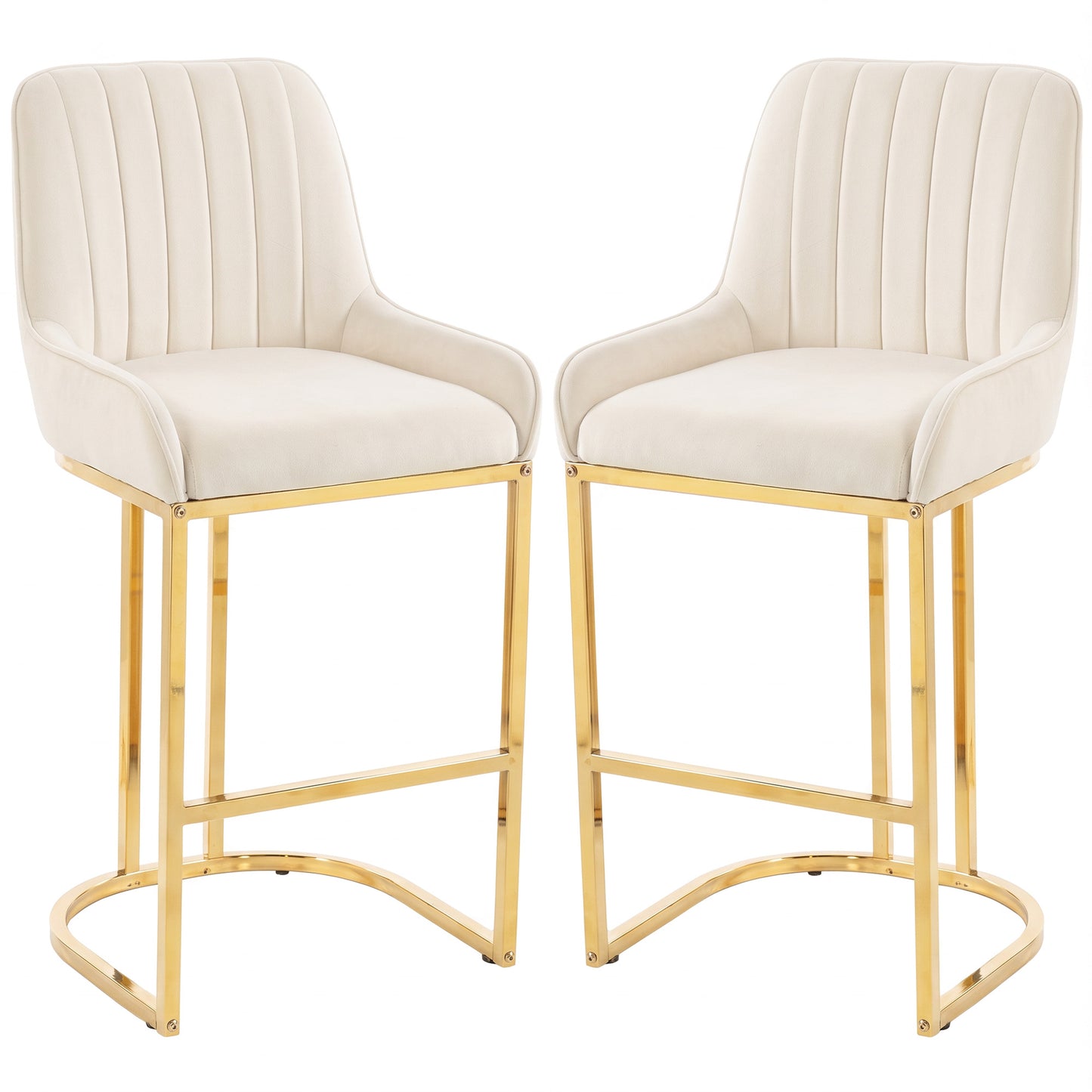 HOMCOM Bar Stools Set of 2 with Backrest, Footrest, Gold Electroplated Legs for Kitchen Island, Dining Room, Cream White