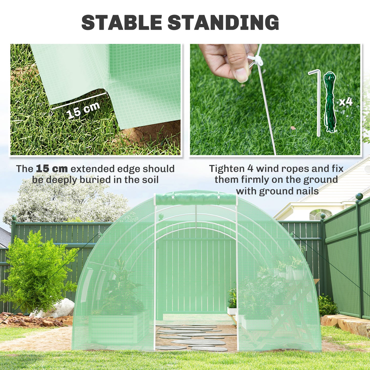 Outsunny 6 x 3 m Walk-in Polytunnel Greenhouse, Zipped Roll-Up Door, 8 Mesh Windows, UV-Resistant PE Cover, Green