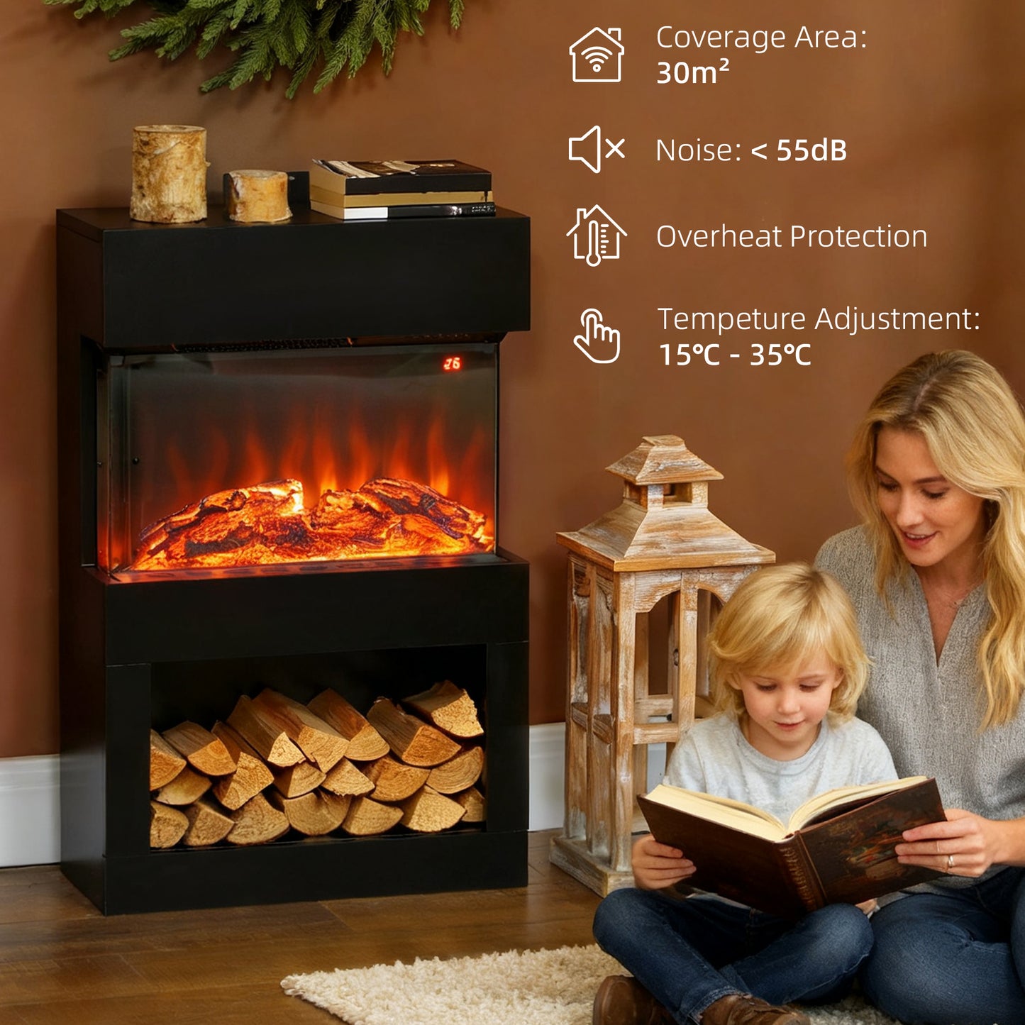 HOMCOM Electric Fireplace, 3D Flame, 6 Colours & Brightness, 1000W/2000W, 3-Sided View, Remote & Timer, Heats 30m², Black Electric Fire & Mantel