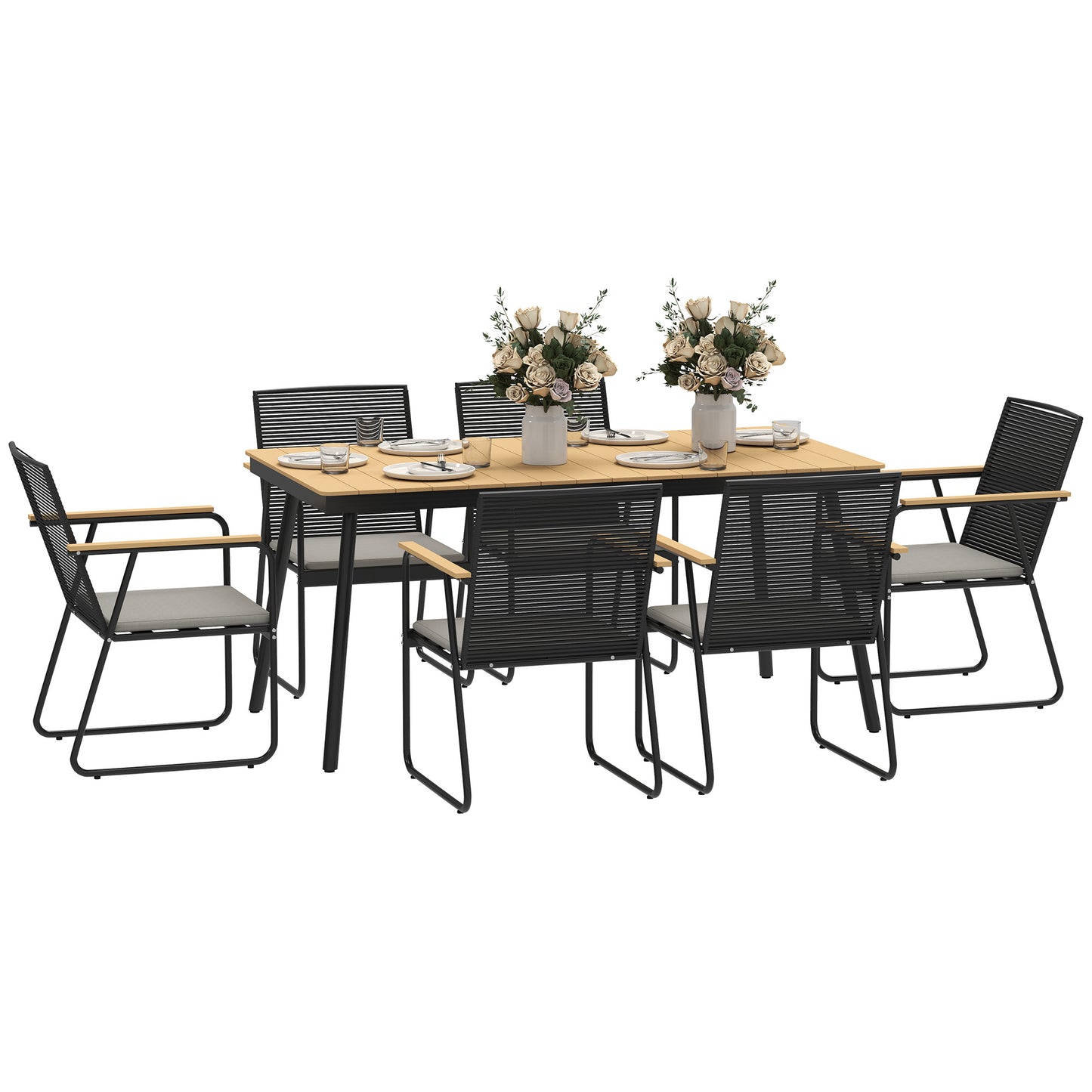 Outsunny 6 Seater Garden Dining Set, Rattan Backrest, Plastic Top, Soft Cushions, for Patio, Balcony, Poolside, Nature Wood Finish