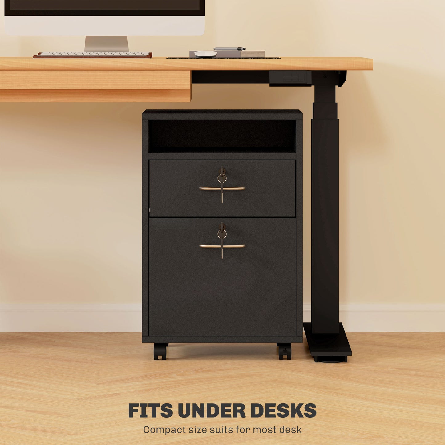 HOMCOM 60cm Filing Cabinet with Drawer, Open Shelf, Metal Handles and 4 Wheels, Office Home Organiser Mobile Printer, Black