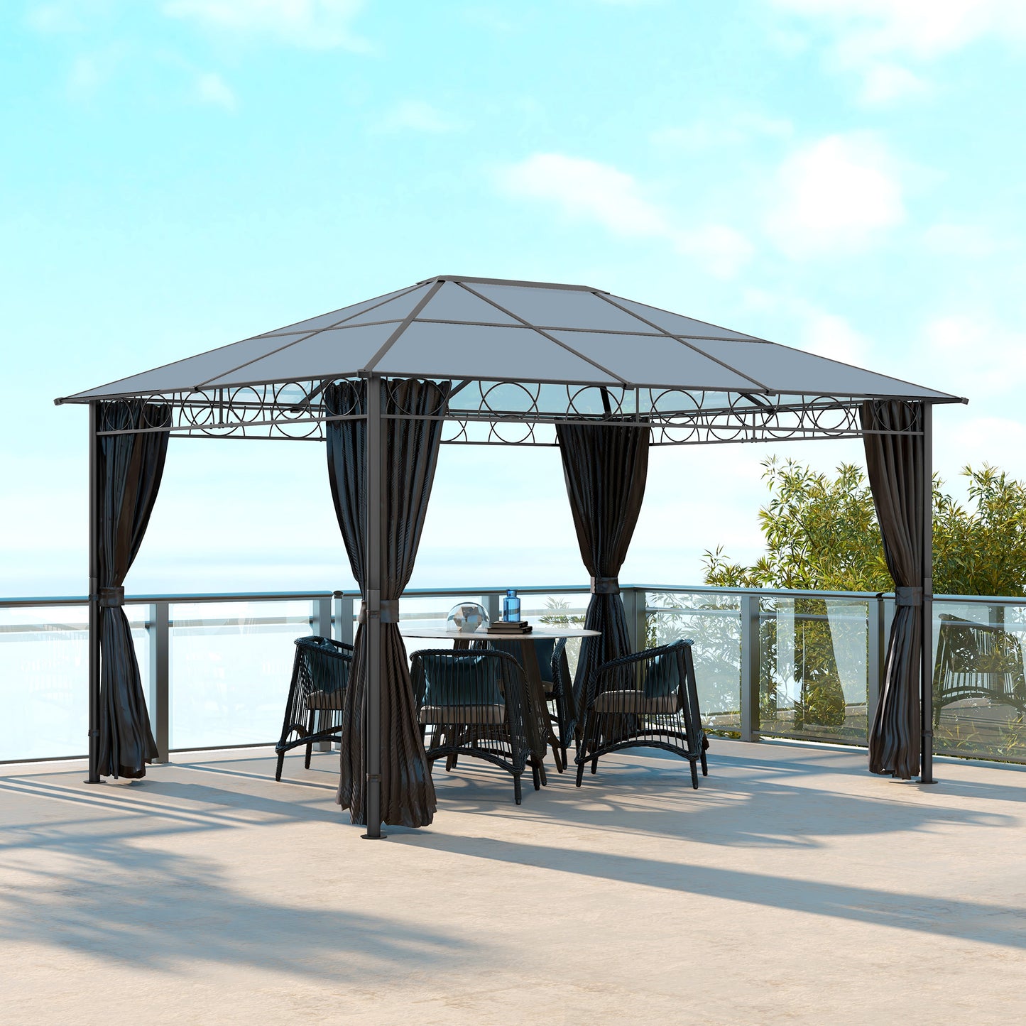 Outsunny Hardtop Gazebo Garden Pavilion with UV Resistant Polycarbonate Roof Curtains Steel & Aluminium Frame 3 x 4m Grey
