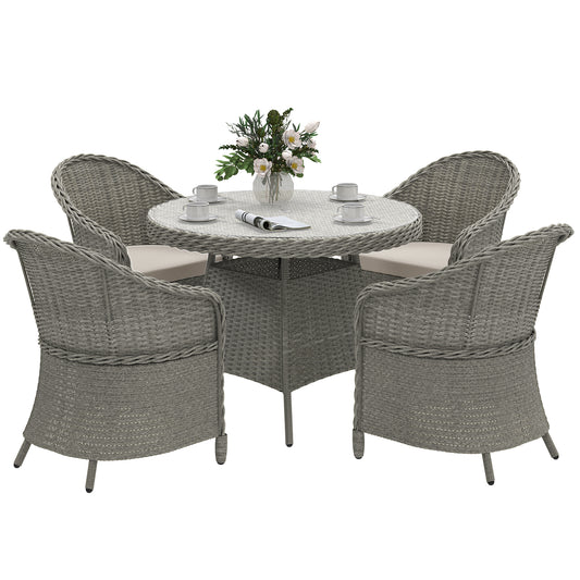 Outsunny 4-Seater Rattan Garden Furniture Set, Glass-Top Table & Cushions, Umbrella Hole, Outdoor Dining, Grey