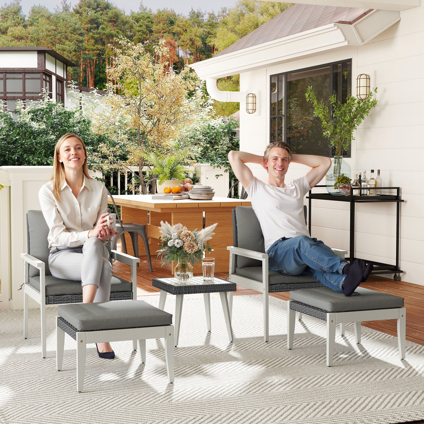 Outsunny 5-Piece Rattan Garden Furniture Set, Patio Conversation Set with Cushions, Wood Coffee Table & Footstools, Outdoor, Grey