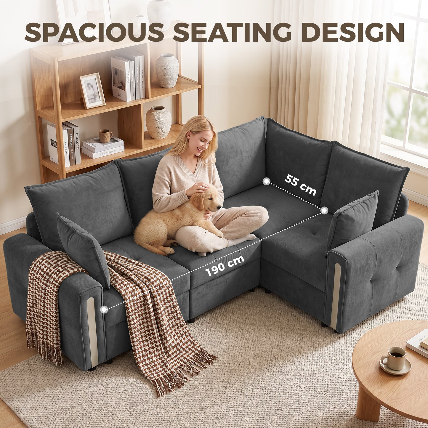 HOMCOM 228cm L Shaped Sofa with Lift-Up Storage, 3-Seater Sectional Sofa with Wide Deep Seat, Dark Grey