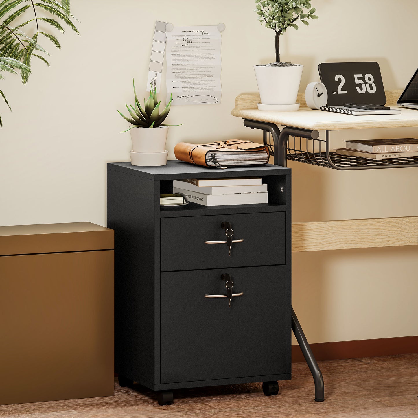HOMCOM 60cm Filing Cabinet with Drawer, Open Shelf, Metal Handles and 4 Wheels, Office Home Organiser Mobile Printer, Black